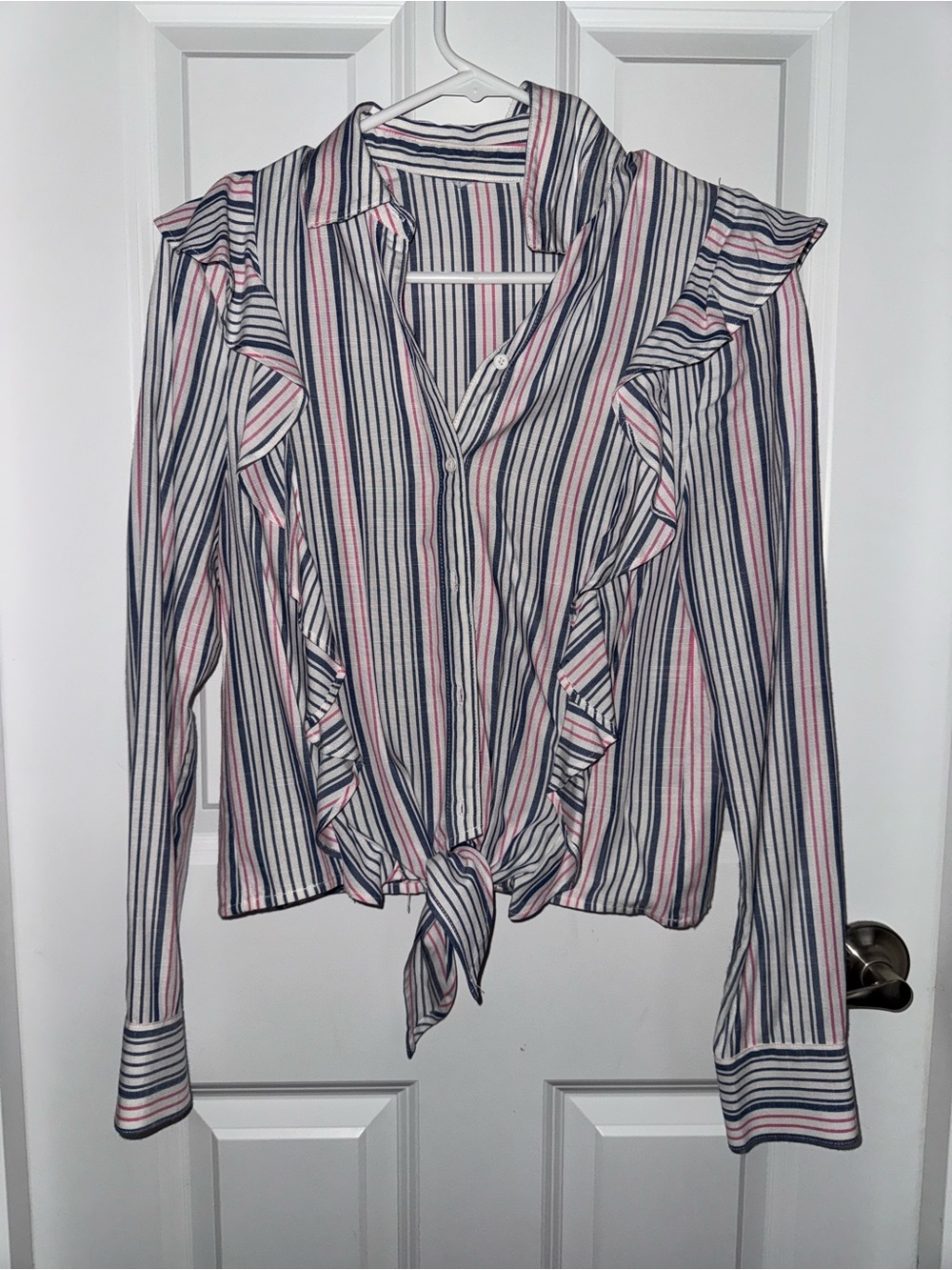 Striped Ruffle Tie-Front Blouse - Pink & Navy